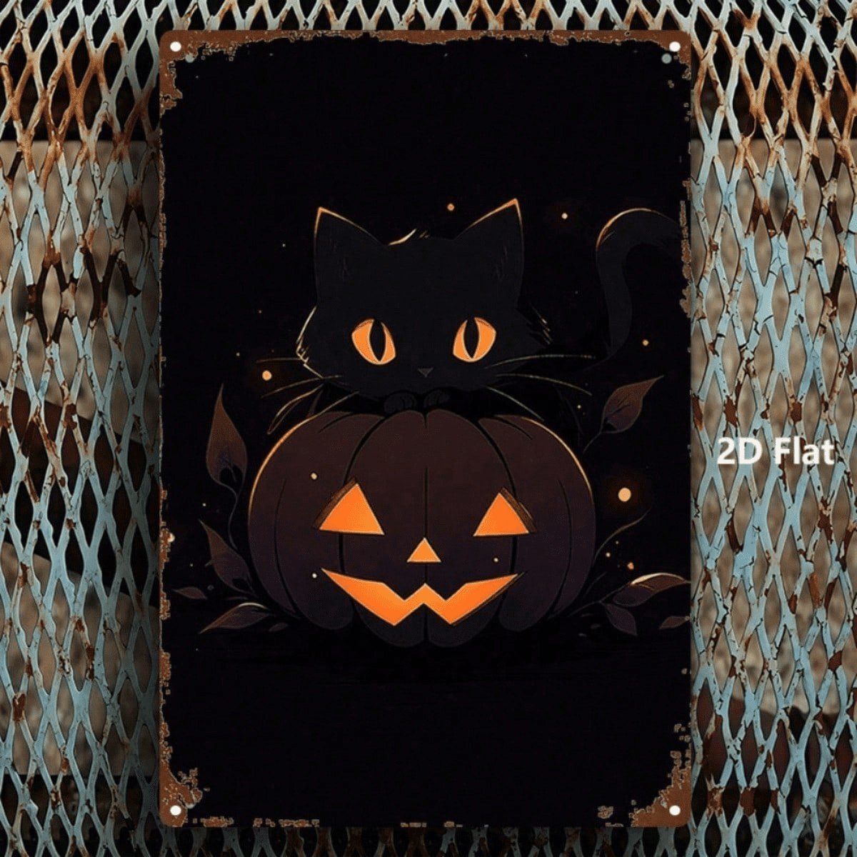 Vintage Retro Metal Sign 2D Flat Halloween Black Cat Pumpkin Lantern Art Painting Decor 8x12 Inch Single Piece Classic Ornament