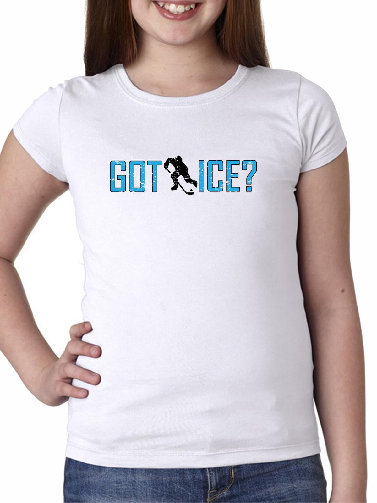 Got Ice With Hockey Player Shooting Puck Girl's Cotton Youth T-Shirt by Hollywood Thread