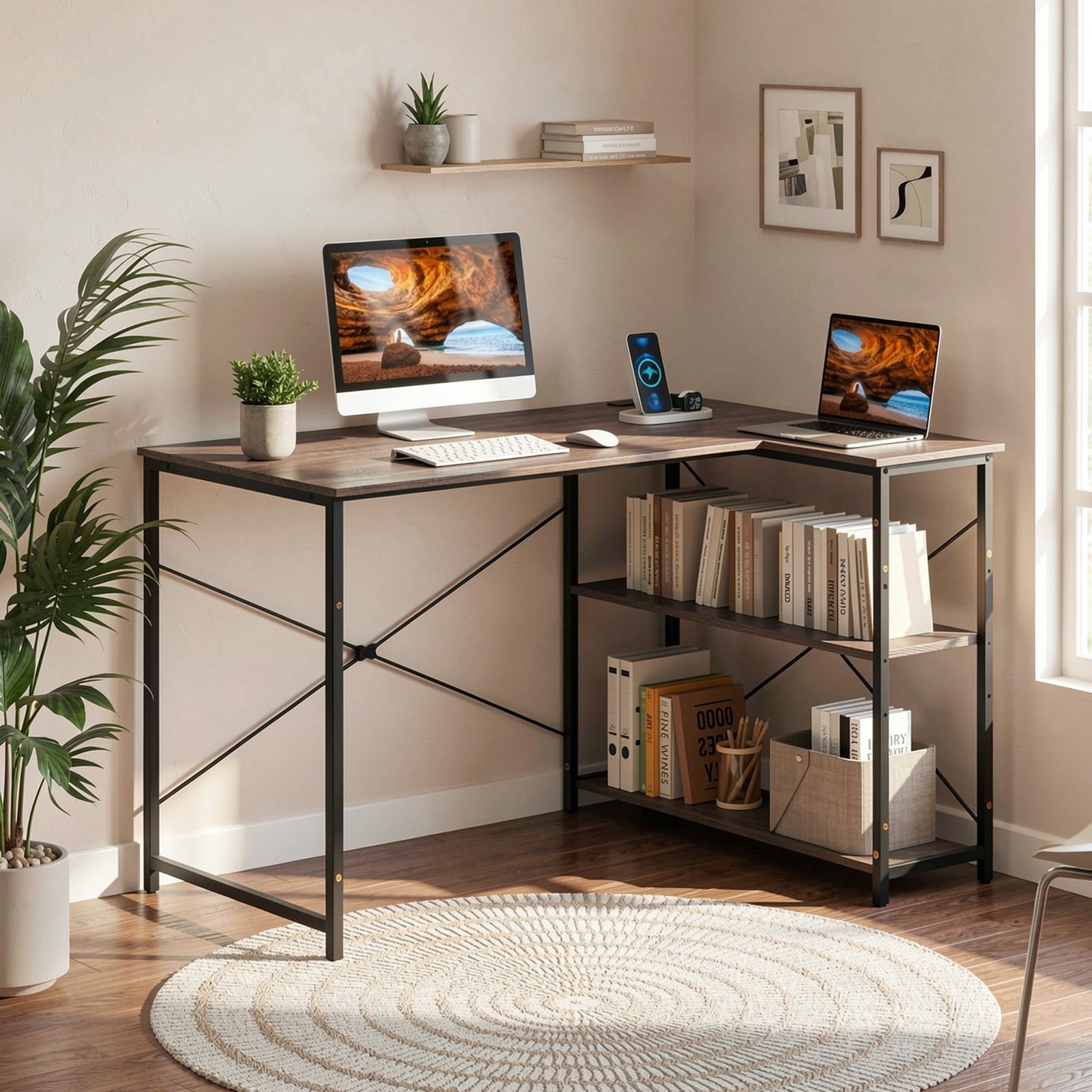 Furnibear 48 Inch Reversible L Shaped Computer Desk with Adjustable Middle Shelf 2 Tier Storage Steel Frame Engineered Wood Gray