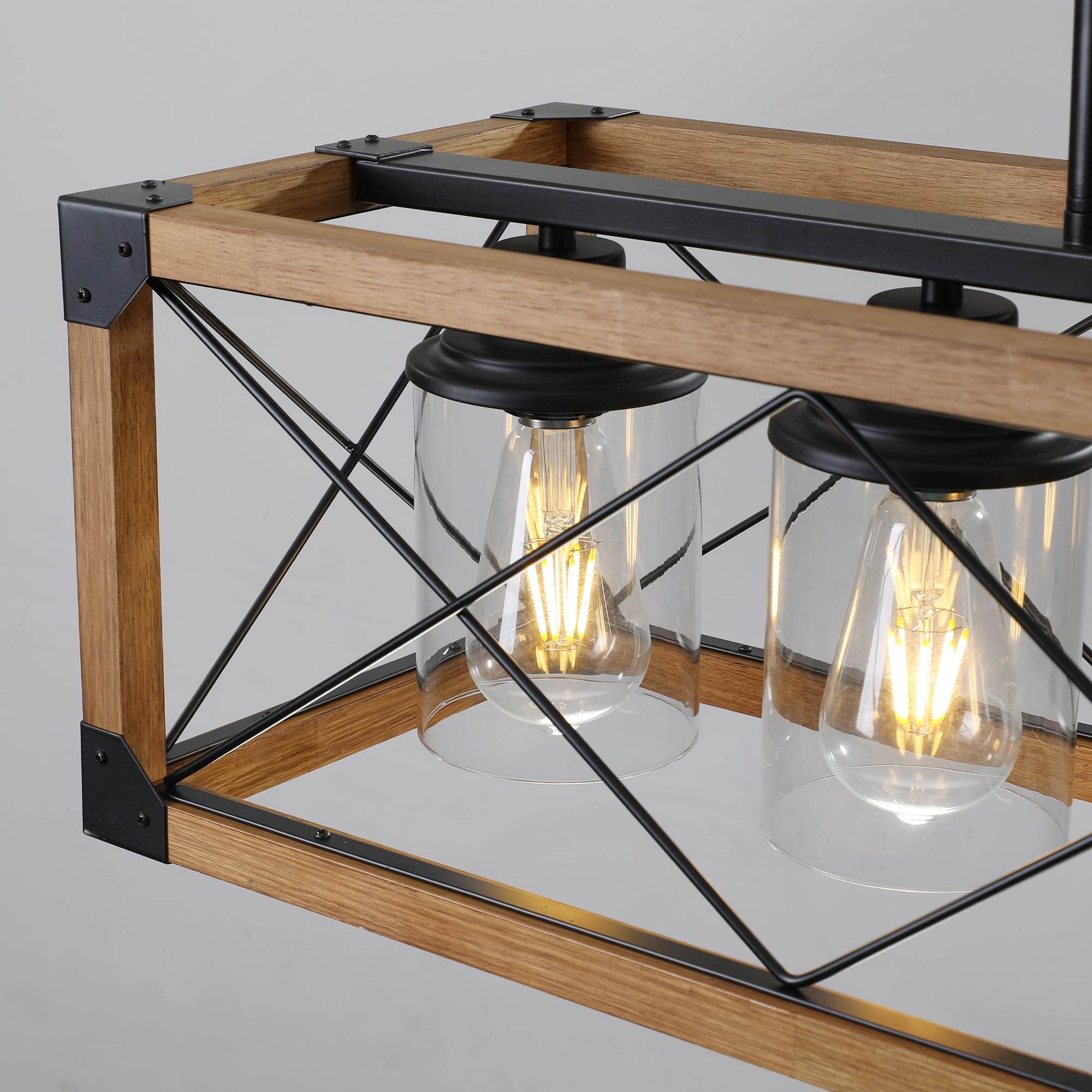5-Light Farmhouse Chandelier for Kitchen Island, Rustic Hanging Lights Fixture with Clear Glass Shades, Adjustable Height Wood and Metal Fixture for Dining Room, Foyer, Entryway, Walnut Finish
