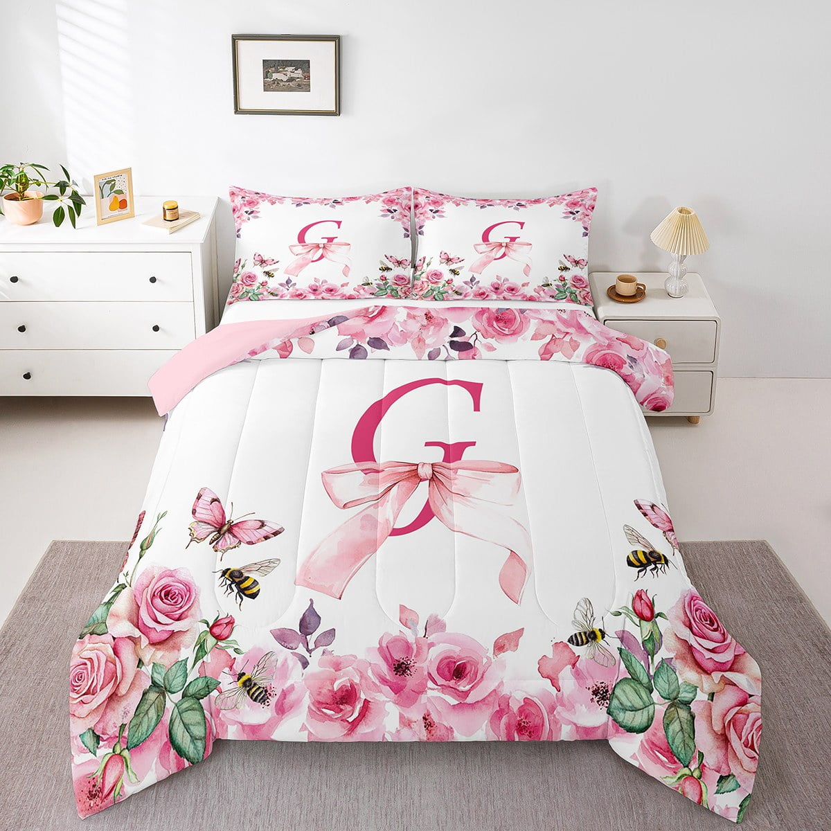 Initial Letter G Comforter Set Twin,Initial A-Z Bedding Set,Floral Bowknot Down Comforter,Romantic Rose Alphabet Reversible Bed Set with 1 Pillowcase Warm