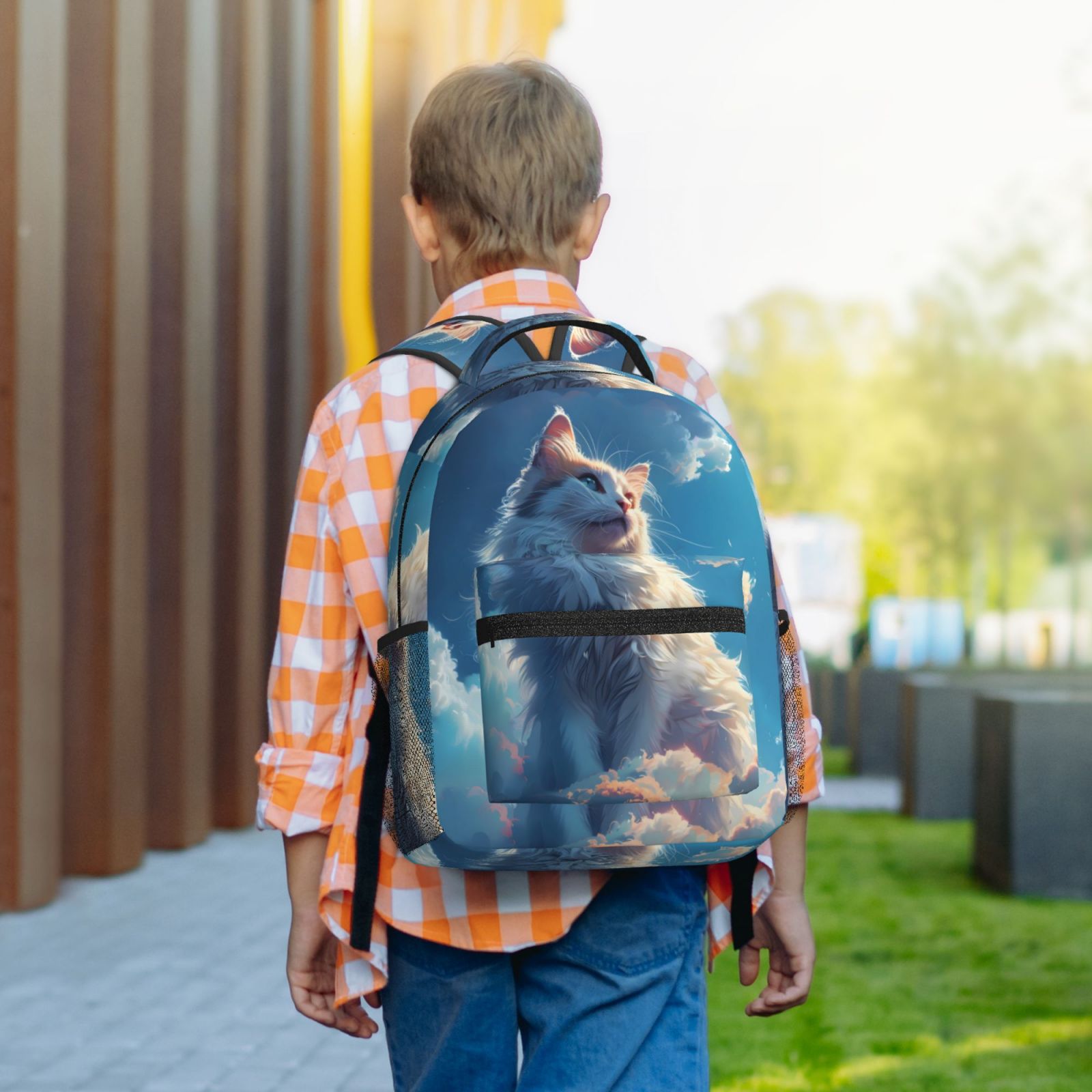 Xecao Clear Sky Blue Cat Travel Backpack: A spacious, stylish computer backpack ideal for men and women, perfect for college, school, or daily travels