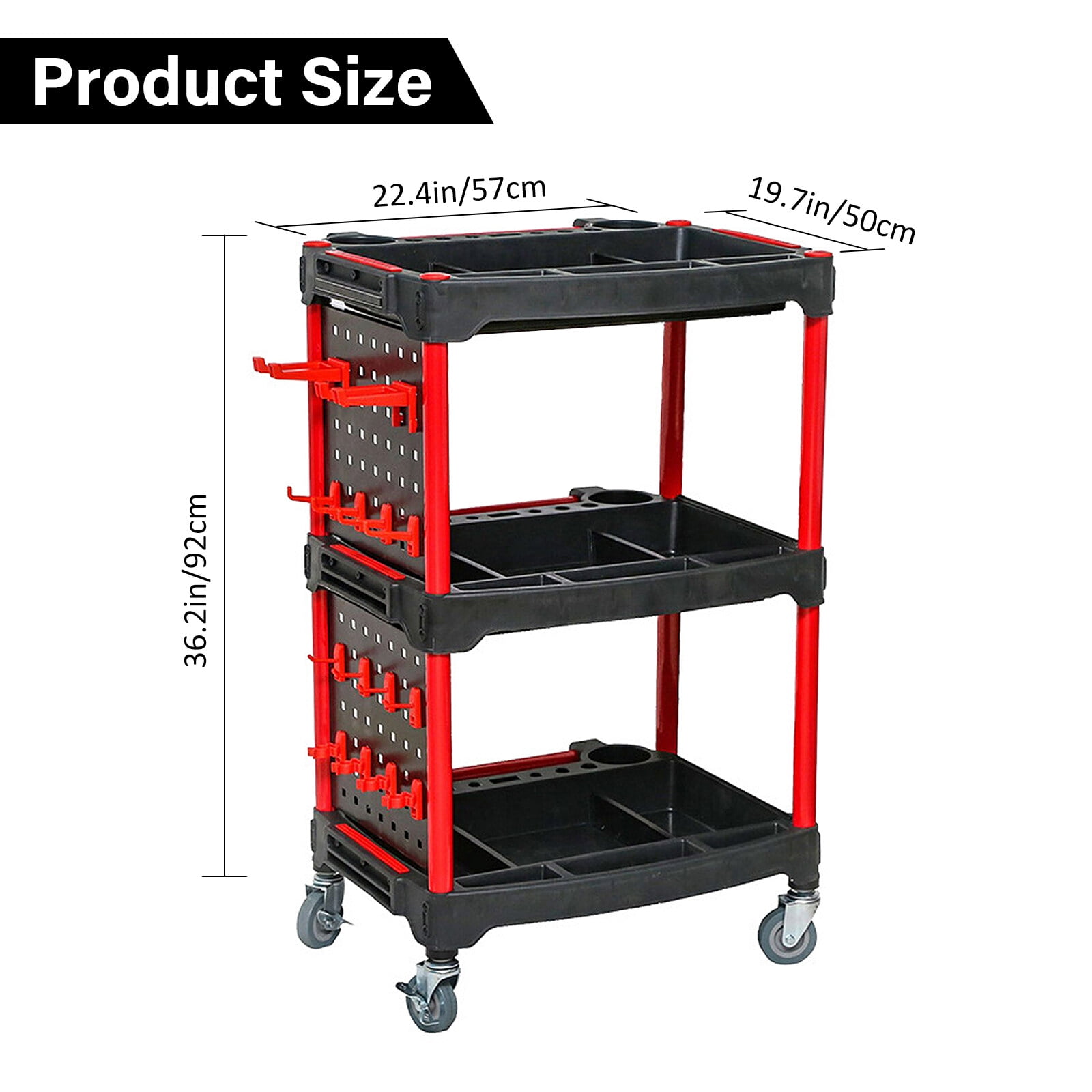 Car Wash Detail Trolley Three-tier Tool Cart Utility Carts Trolley Plastic 3-Shelf Detailing Supplies Tool Cart (Black and Red)