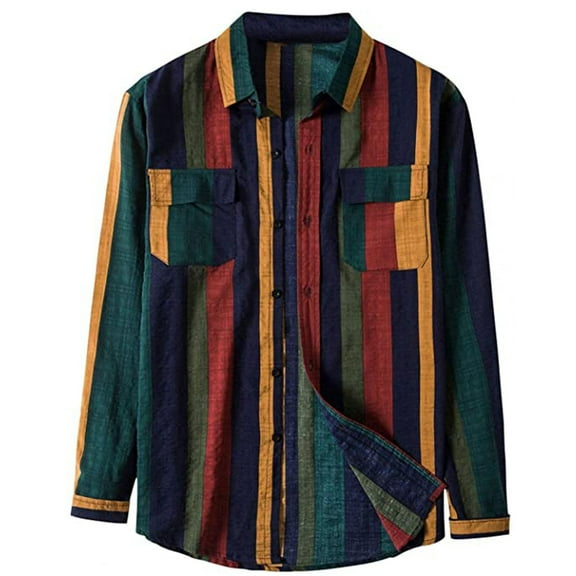 Odeerbi Cardigan for Men Trendy 2025 Long Sleeve Cardigan Button Blouse Striped Patchwork Shirts Tops Olive Green