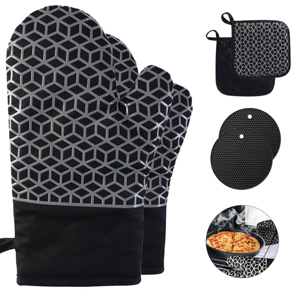Oven Mitts and Pot Holders 6pcs Set, Kitchen Oven Glove High Heat Resistant Extra Long Oven Mitts and Potholder with Non-Slip Silicone Surface for Cooking (Black)