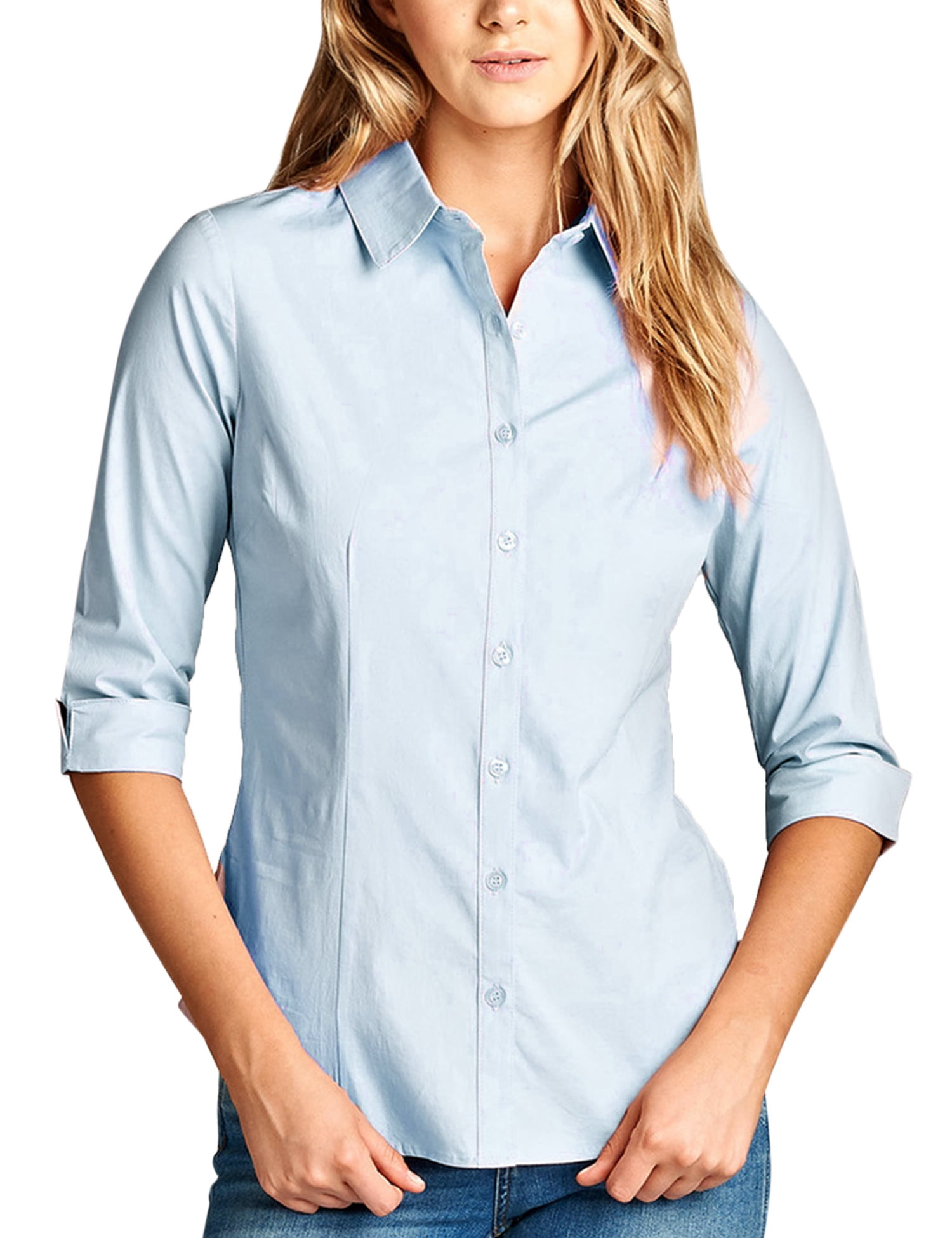 KOGMO Womens Classic Solid 3/4 Sleeve Button Down Blouse Dress Shirt ...