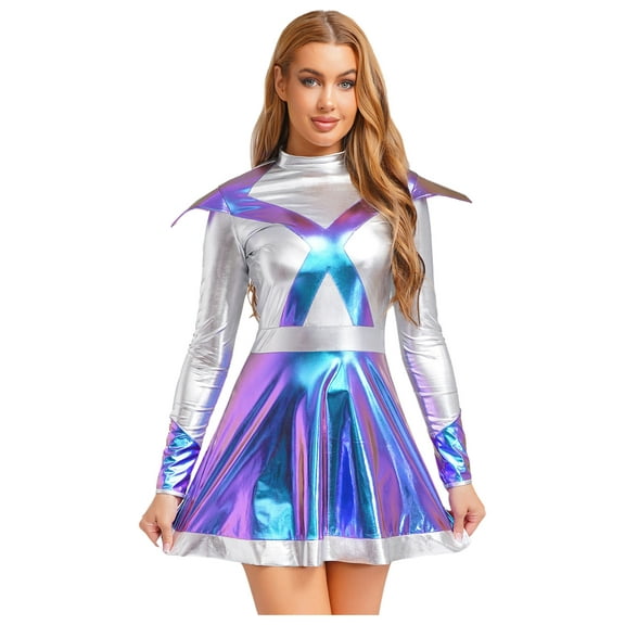 renvena Womens Alien Astronaut Cosplay Dress Long Sleeve Shiny Metallic Halloween Party Rave Blue M