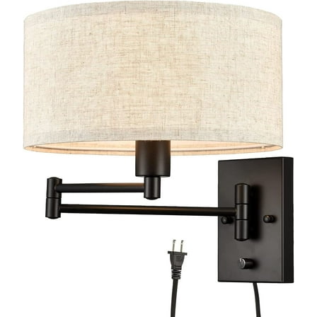 MOOSE Black Swing Arm Wall Sconce with Drum Fabric Shade Plug in Cord