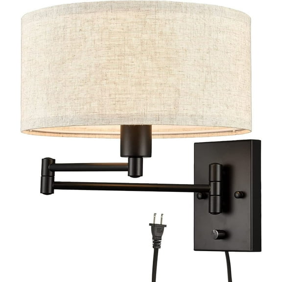 MOOSE Black Swing Arm Wall Sconce with Drum Fabric Shade Plug in Cord