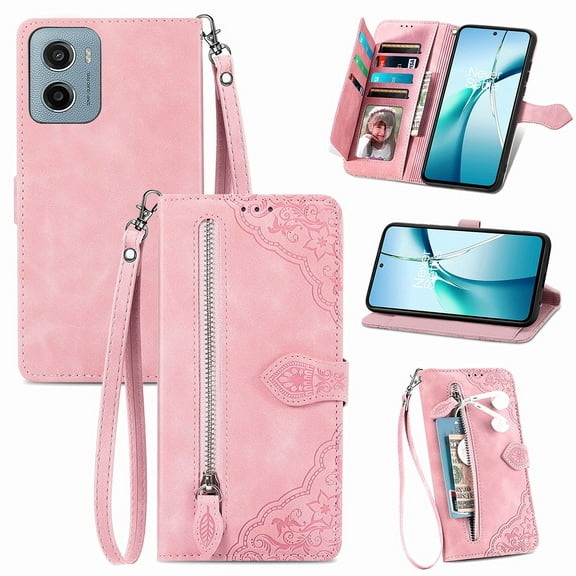 Phone Case for Motorola Moto E15, Shockproof PU Leather Wallet Case with Card Slots Anti-Scratch Stand Magnetic Flip Zipper Pocket Cover for Motorola Moto E15, Pink