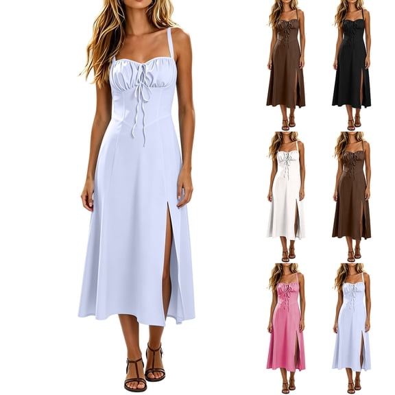 Noric Women Sleeveless Cami Dress Plunging Neckline Drawstring Ruched Front High Slit Midi Summer Party Evening Gown Dresses