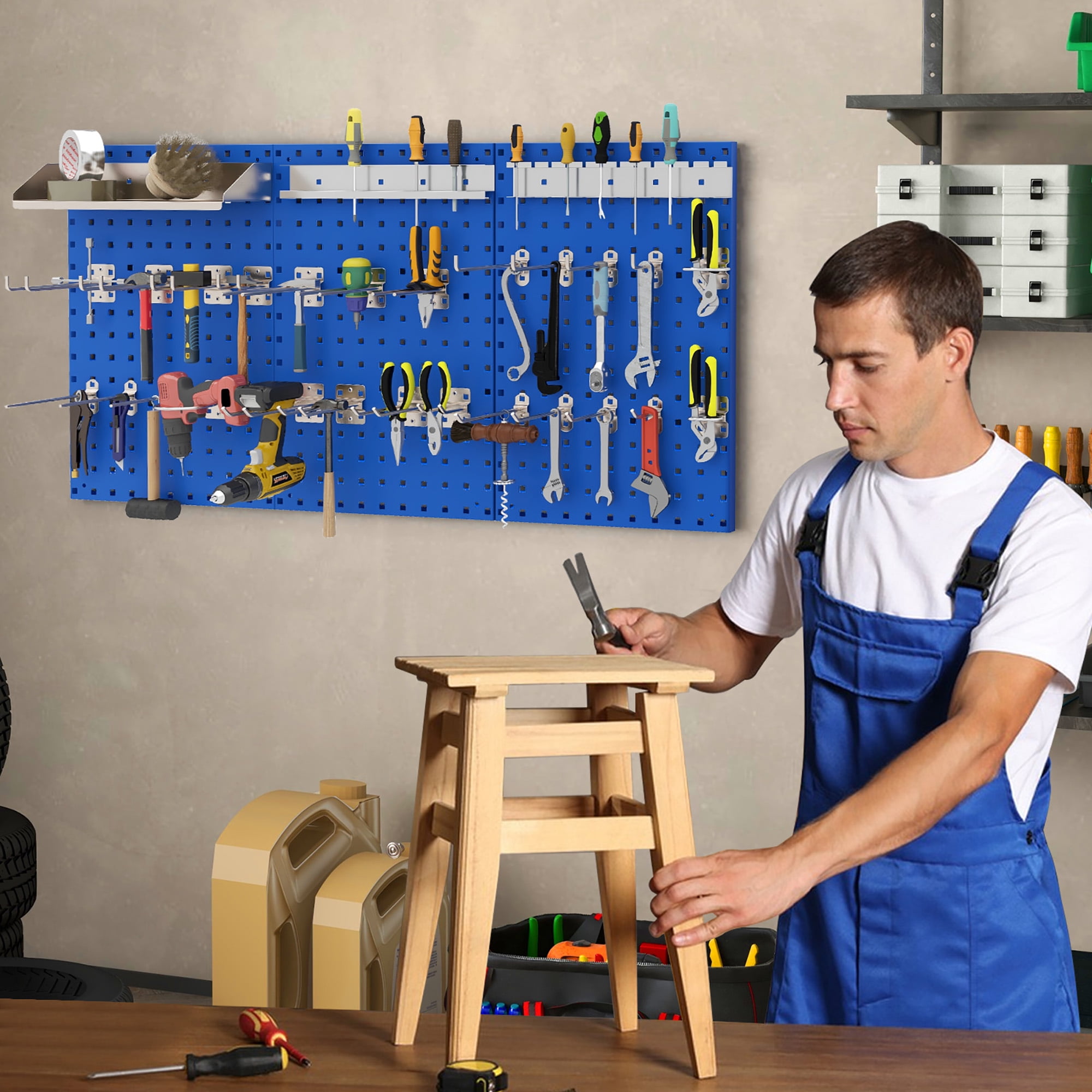 Gymax 3 Pcs Pegboard Wall Organizer w/ 25 Hooks Drill Bit Holder Screwdriver Holder Navy