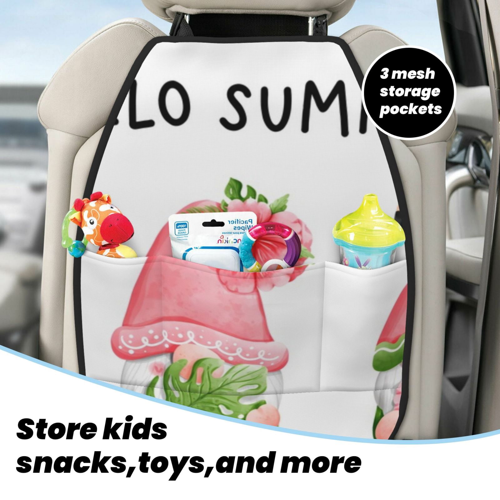 Kdxio Hello Summer Gnome Print 2 Pack Car Kick Mat Seat Cover Back Protector Mat with Pockets for Organizer Backseat Protector and Storage Anti Kick Pad for Vehicles