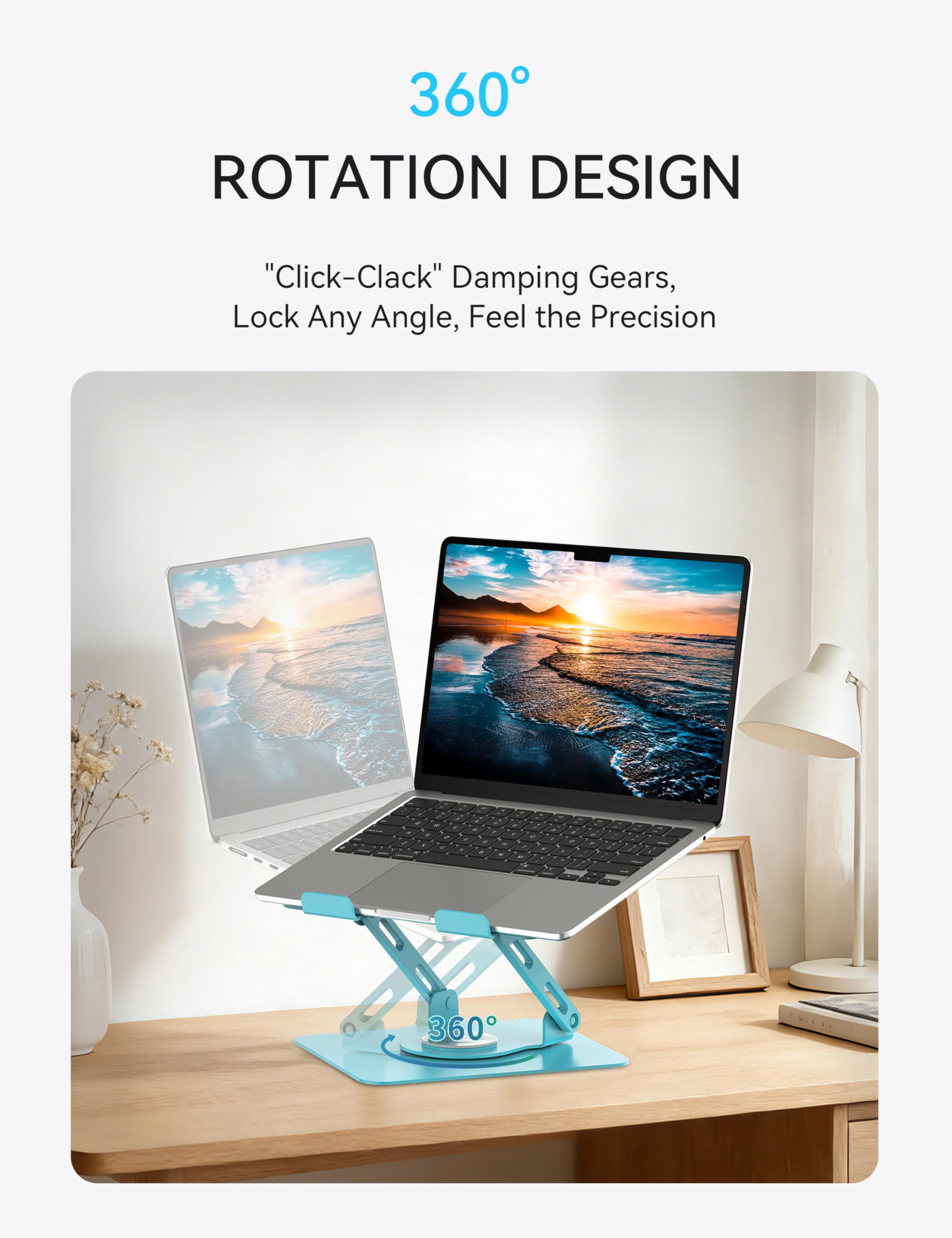 360 Rotating Laptop Stand  Computer Riser For Desk Adjustable Height Multi-angle Metal Holder Foldable Portable Notebook Elevating Base Office & Home Blue