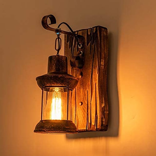 Lámpara de pared retro Lámparas de pared creativas de madera Lámpara de arte de madera Tienda de ropa Restaurante Cafetería Luces retro de madera Lámpara de pared de vidrio E27 Lámparas