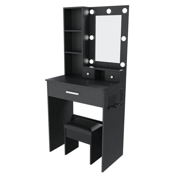 Kadyn Makeup Vanity Desk with Mirror and Adjustable LED Lights, Make Up Table with Power Outlet and Hairdryer Holder & Stool foe Bedroom, Black
