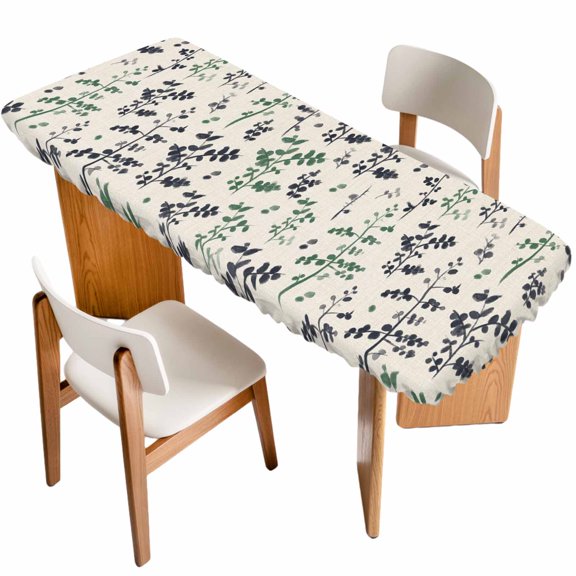 Green Grey Botanical Table Cloths for 8 Foot Rectangle Tables, Rustic Country Spring Floral Summer Leaf Patio Waterproof Elastic Fitted Tablecloths, Washable Rectangular Table Cover for Camping