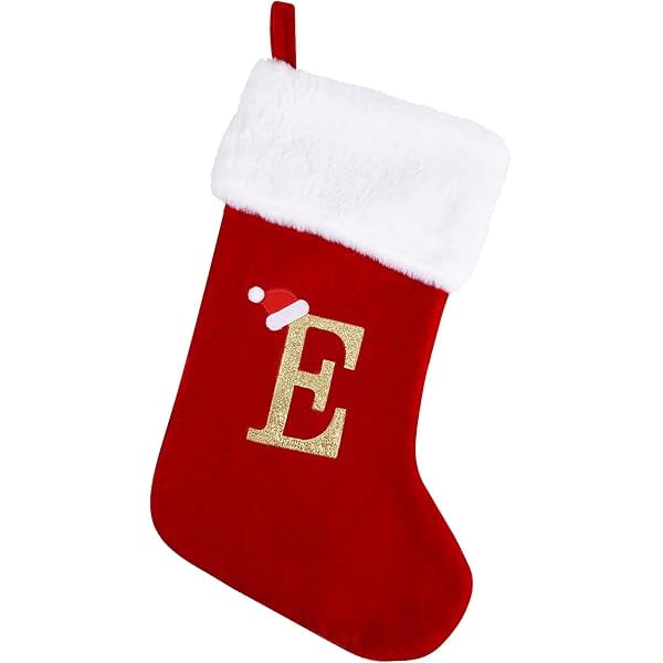 wonima02 20 Inches Monogram Christmas Stockings with Letters, Large Super Soft Christmas Stockings Red Velvet with White Super Soft Plush Cuff for Christmas Xmas Tree Holiday Fireplace (E)