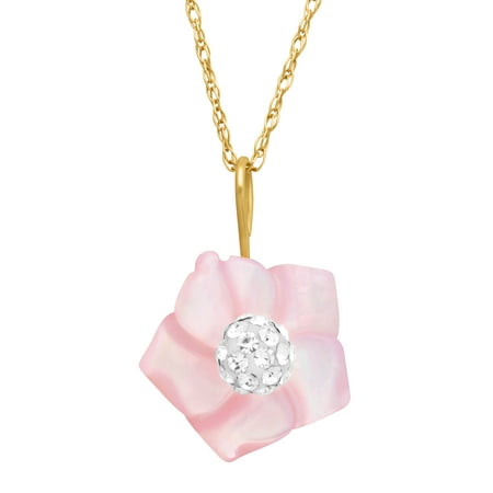 Pink Natural Mother-of-Pearl Flower Pendant Necklace with Swarovski Crystal in 14kt Gold