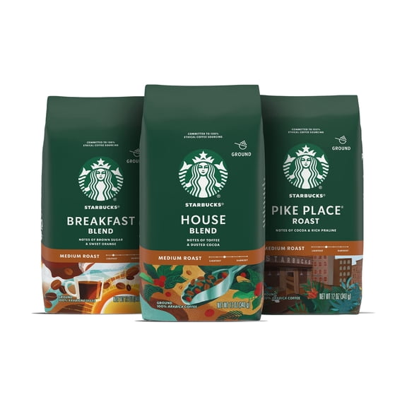 Starbucks Ground Coffee, Medium Roast Variety Pack, 100% Arabica, 3 Bags (12 Oz Each)