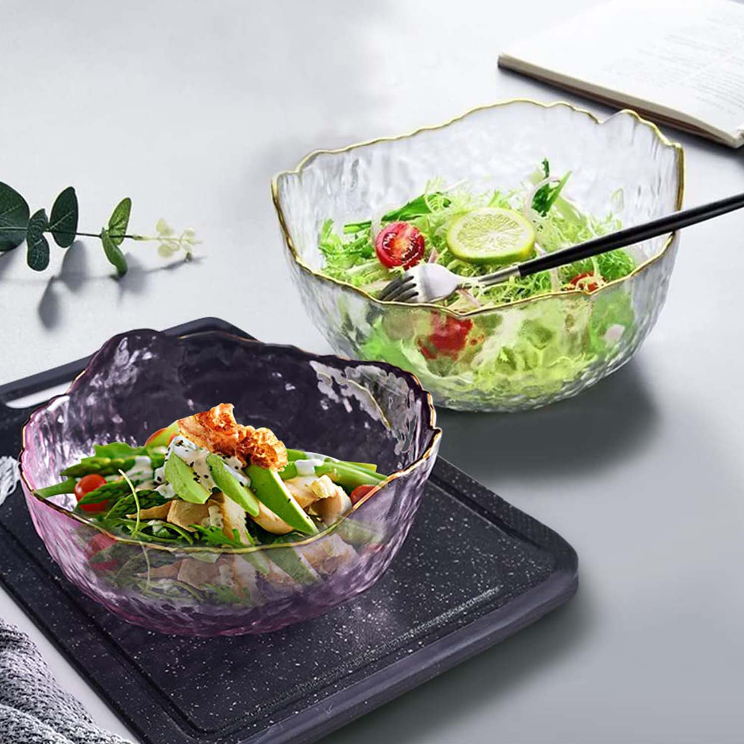 Glass Salad Bowl Set, Set of 2 glass bowls Phnom Penh Irregular Mixing