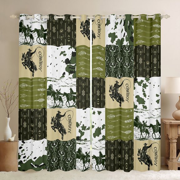 Manfei Rustic Horse Animal Black Out Curtains for Adult, Green Hippie Aztec Curtains Pack of 2 (42x63 Each), Southwestern Theme Bedroom Curtains, Curtains and Drapes Decor