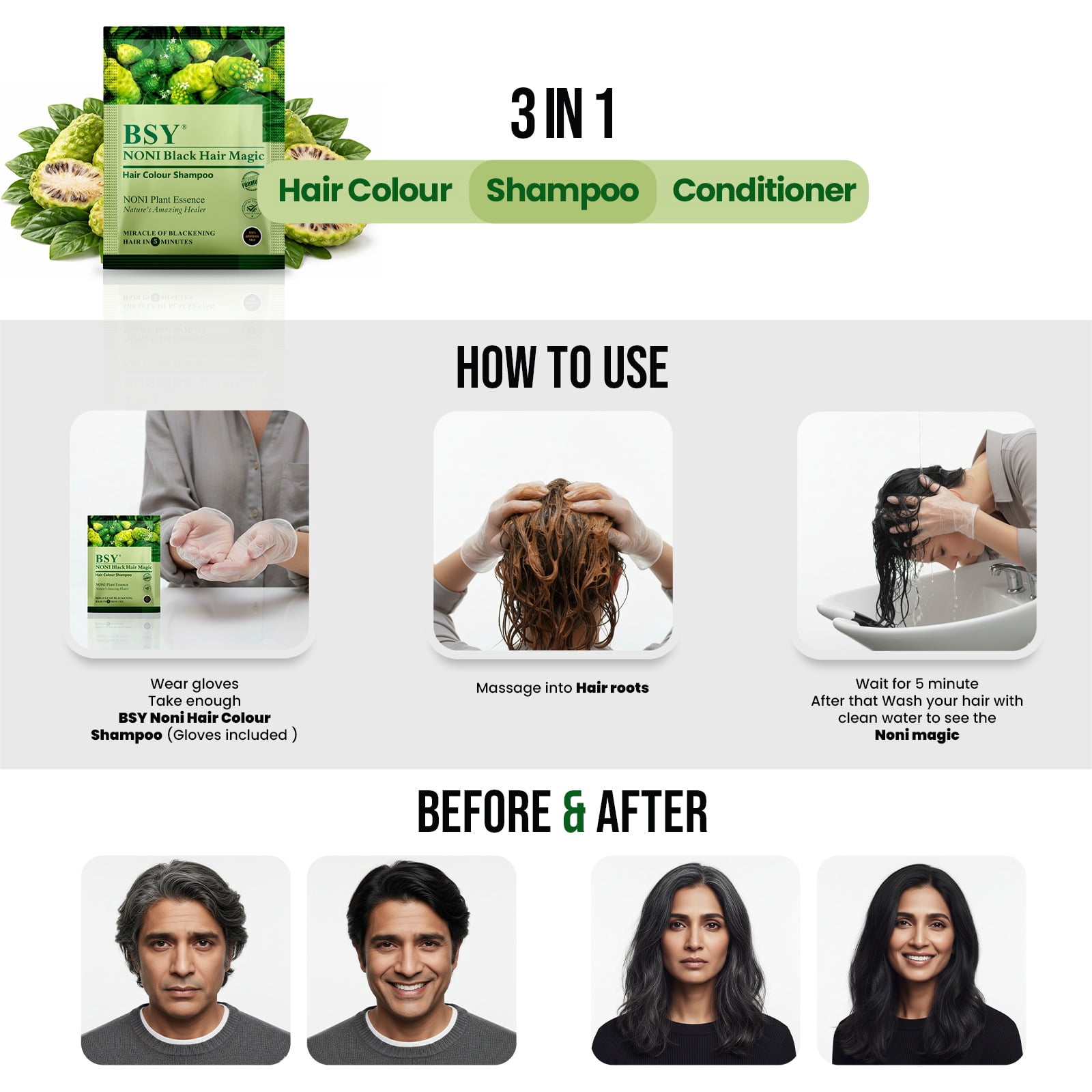 BSY Noni Black Hair Magic Hair color shampoo (12ml x 10 Sachets), Ammonia Free Hair Color Shampoo for men|Natural Black Permanent Hair Dye Shampoo for women, Noni Fruit Hair Dye, 5 Minutes HairColour