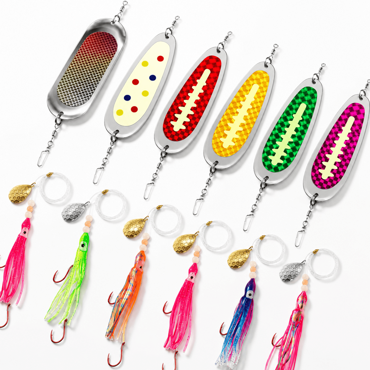 6 Set Glow-in-the-Dark Squid Trolling Lures with Flashers for Salmon and Trout