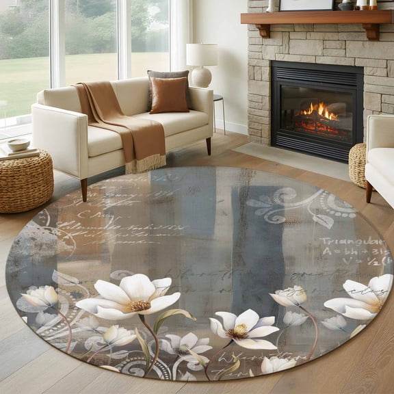 Round Rug 6Ft Washable Non-Slip, Brown Grey Floral Circle Area Rugs for Living Room Bedroom, Spring Summer Botanical Vintage Indoor Floor Mats Carpet Runner for Home Decor Aesthetic