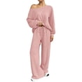 thumbnail image 3 of VV AVEORS Women 2 Piece Outfit Matching Sweat Sets Off The Shoulder Knit Set Lounge Top Wide Leg Sweatpants Tracksuit Pink L, 3 of 8