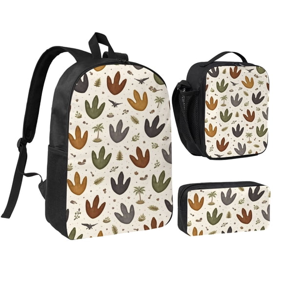 Dinosaur Track Pattern Backpack Set 3pc ，Backpack with Lunch Bag and Bag 17 Inch