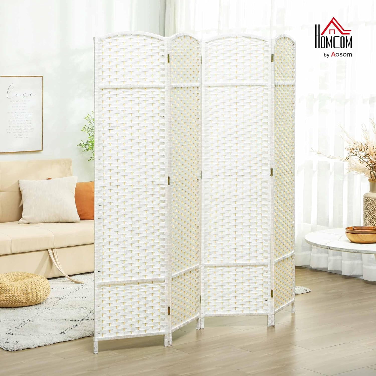 MONGJI Room Divider, 4 Panel Folding Privacy Screen, 5.6' Tall Freestanding Wall Partition for Home Office, Bedroom, White