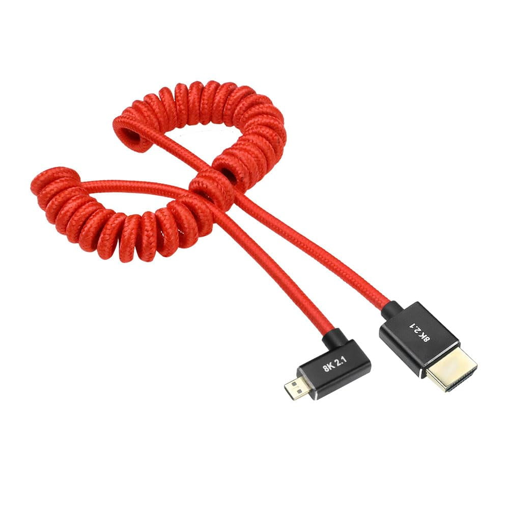 Alvin's Cables Left Angle Micro HDMI to HDMI Cable 8K@60Hz 4K@120Hz, Braided Coiled HDMI 2.1 for Sony A7RIII/A7II/A7M3, Canon R5/M6, Fujifilm X-T4/X-T3, GoPro, Nikon - Red Ultra Durable