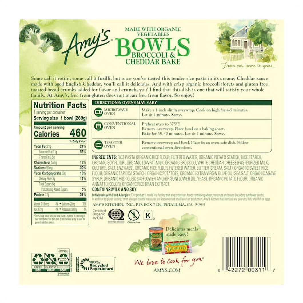Pack of 12, Amy's, Gluten Free Broccoli And Cheddar Bake Bowl, 9.5 oz