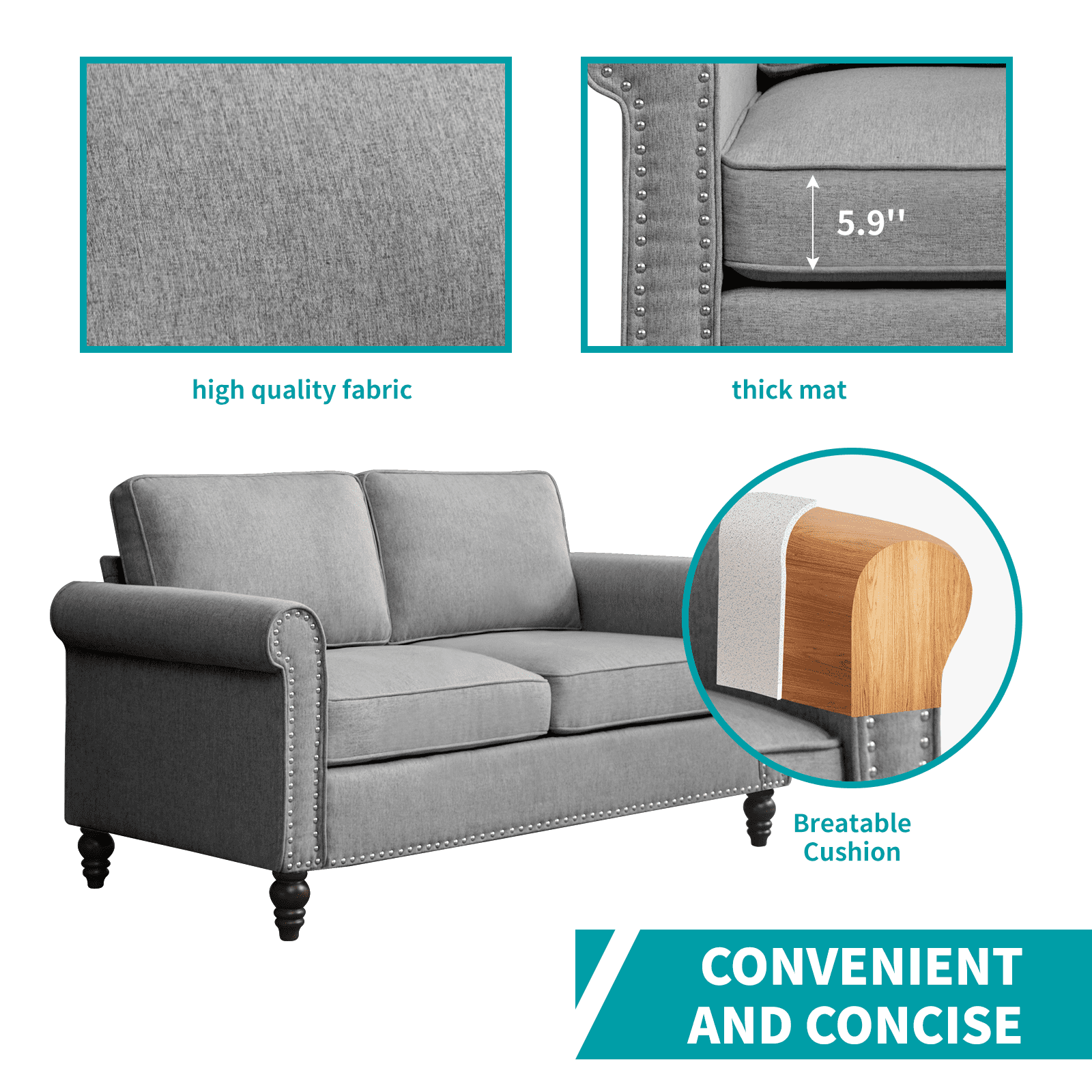 MUZZ Living Room Furniture Sets with 5.9"Upholstered Cushion, 3-Seater Sofa Couch and Loveseat, Sofa Set for Living Room(Light Grey)