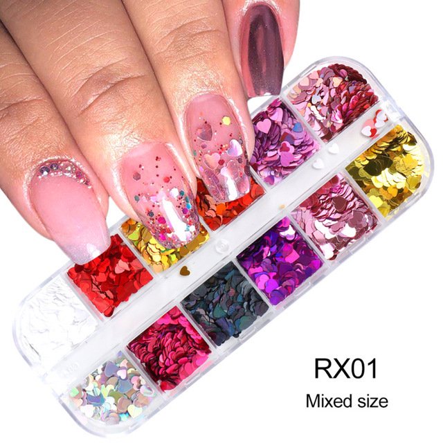 Nail Art Heart Glitter Colors Holographic Sparky Mixed Heart & Hollow Heart Shaped Nail Lentejuelas Varios tamaños para Acrílico Decoración de uñas Eye Face Body DIY Crafts kaili Sencillez