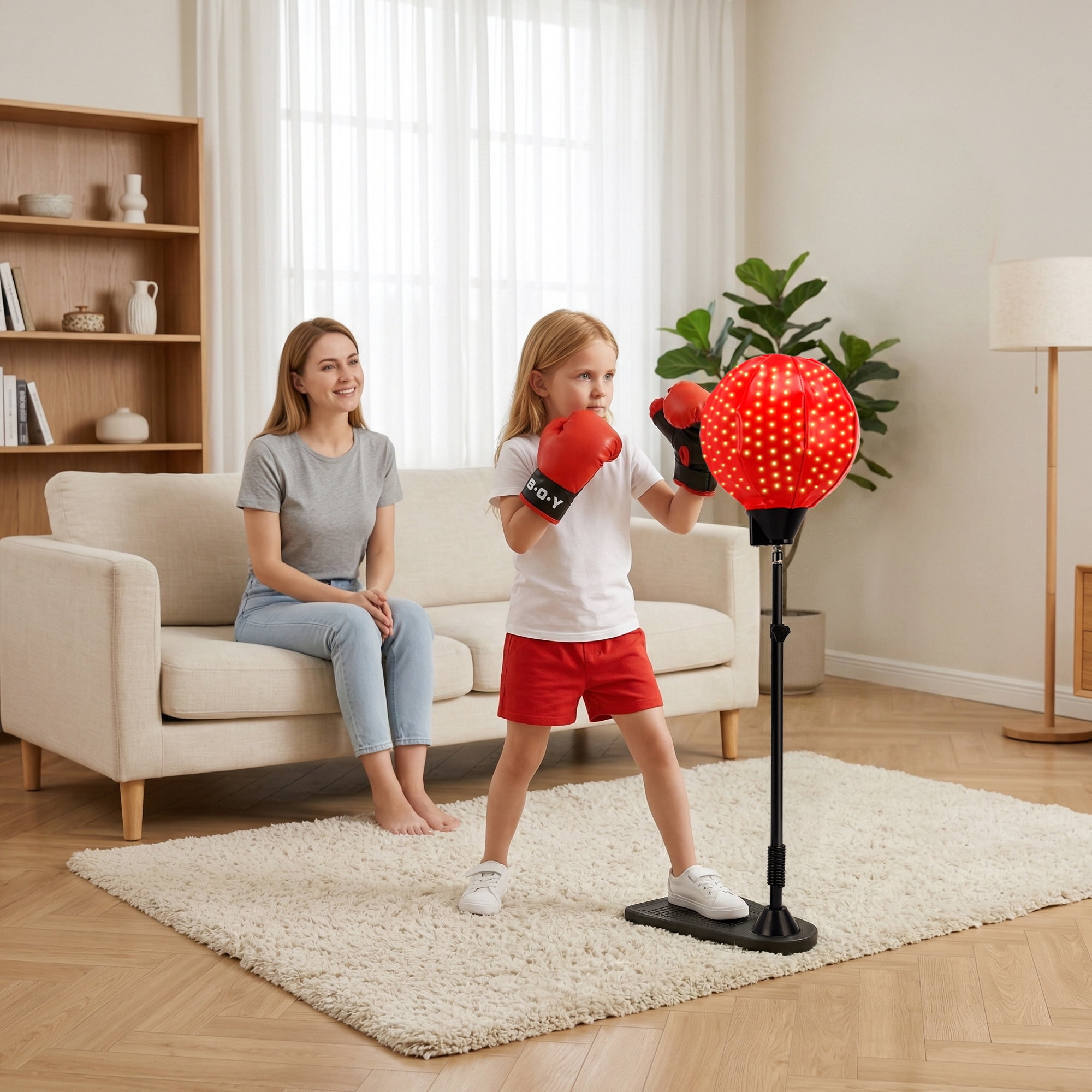 Lighting Punching Bag for Kids, Height Adjustable Punching Bag Stand with Boxing Gloves for Teens Children Boys & Girls Age 8+ Years Old, Kids Workout Equipment for Christmas Birthday