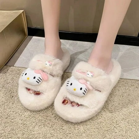 

Anime Hello Kitty Plush Slippers Women Sanrioed Kawaii Thick Bottom Autumn Winter Fluffy Soft Cute Student Girl Sweet Gift Home