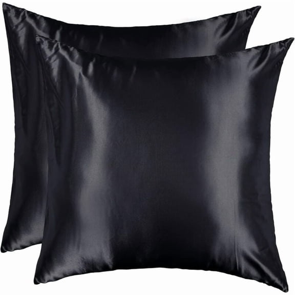Satin Pillowcase 60x60 Set of 2 Smooth Elegant Square Pillow Cover Silky Comfort Skin Cool Summer Zipper Home Hotel, Black