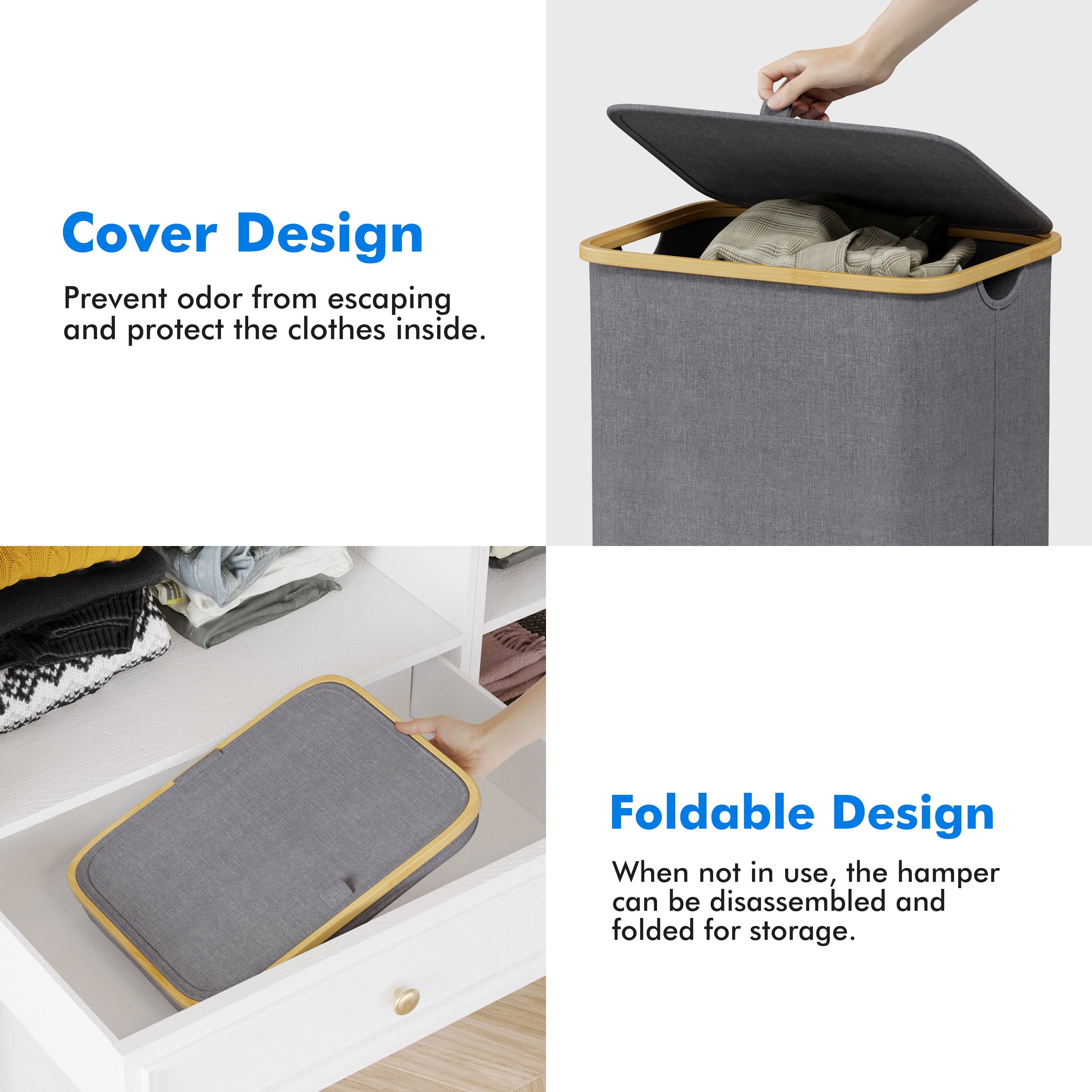 Tooloton 110L Large Laundry Hamper with Lid, Foldable Fabric Storage for Clothes, Blankets, Toys, Grey