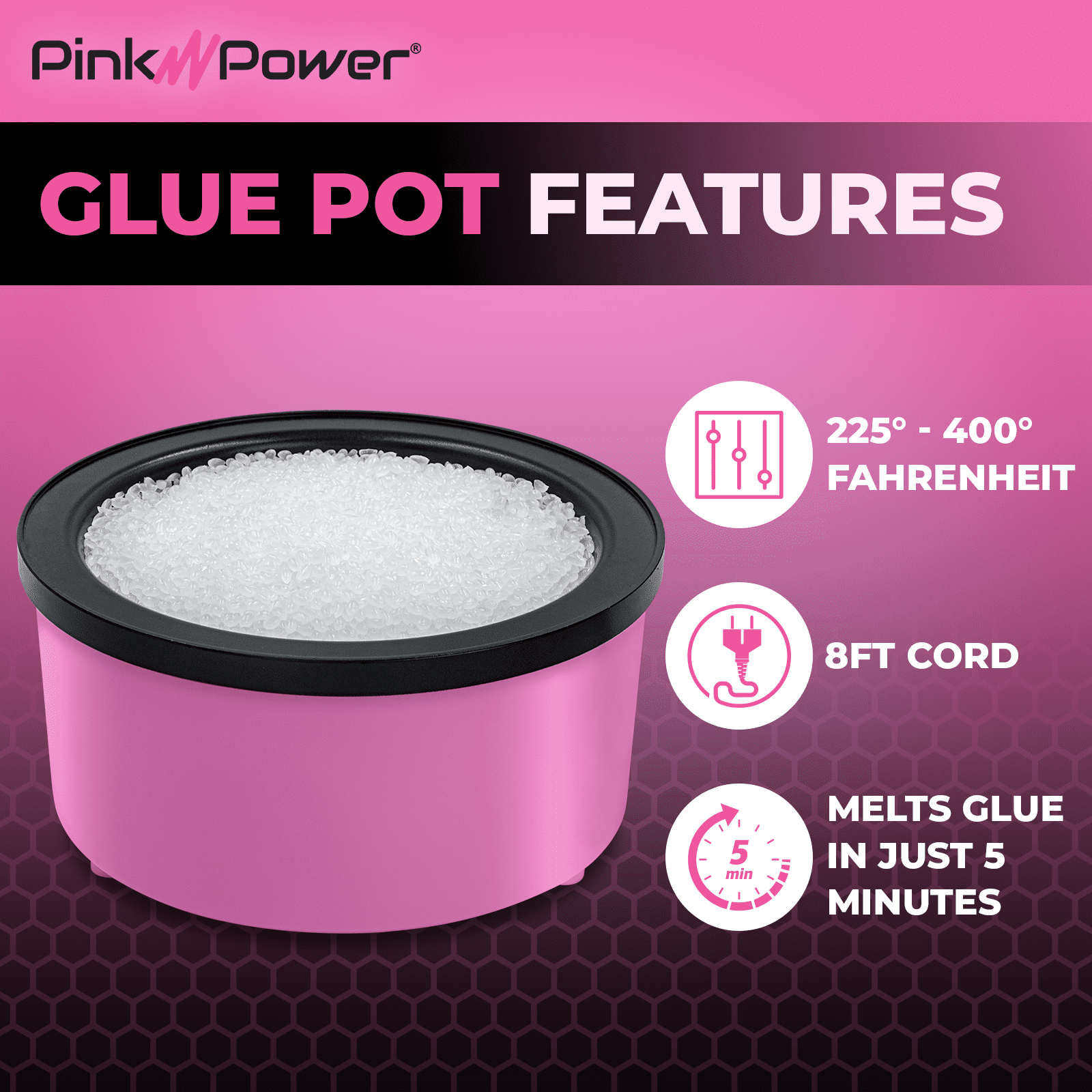 Pink Power Electric Hot Glue Pot for Crafts and 1lb Hot Glue Pellets Hot Melt Glue for Crafting - Adjustable Temp 225-400 F 160ml Hot Glue Skillet for Crafting - Hot Glue Pots for Crafting Glue Buddy