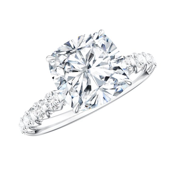 Rosec Jewels Cushion Cut Moissanite Solitaire Engagement Ring with Side Stones (8 mm, 3 ct), 925 Sterling Silver, US 4.00