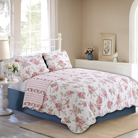 Themis 3-Piece Romantic Cottage Peachy Pink Peony Shabby Chic Chintz Floral Stripe Cotton King Quilt Bedding Set by