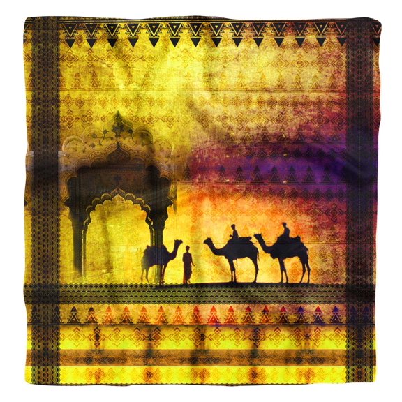 Phagun Yellow Camel Mughal Pure Silk Printed&nbsp;Scarf&nbsp;Square Dupatta Head Neck Wrap Bandanas For Women