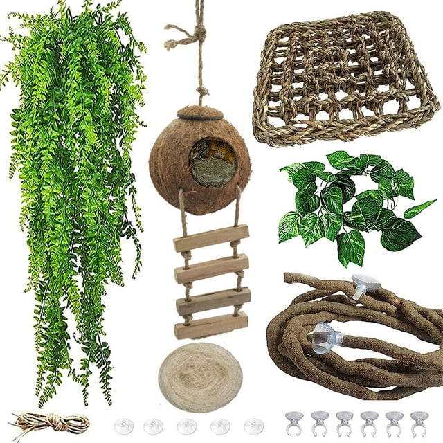Cabaña para Gecko de Coco MUYG con Escalera, Hamaca y Enredadera para Reptiles