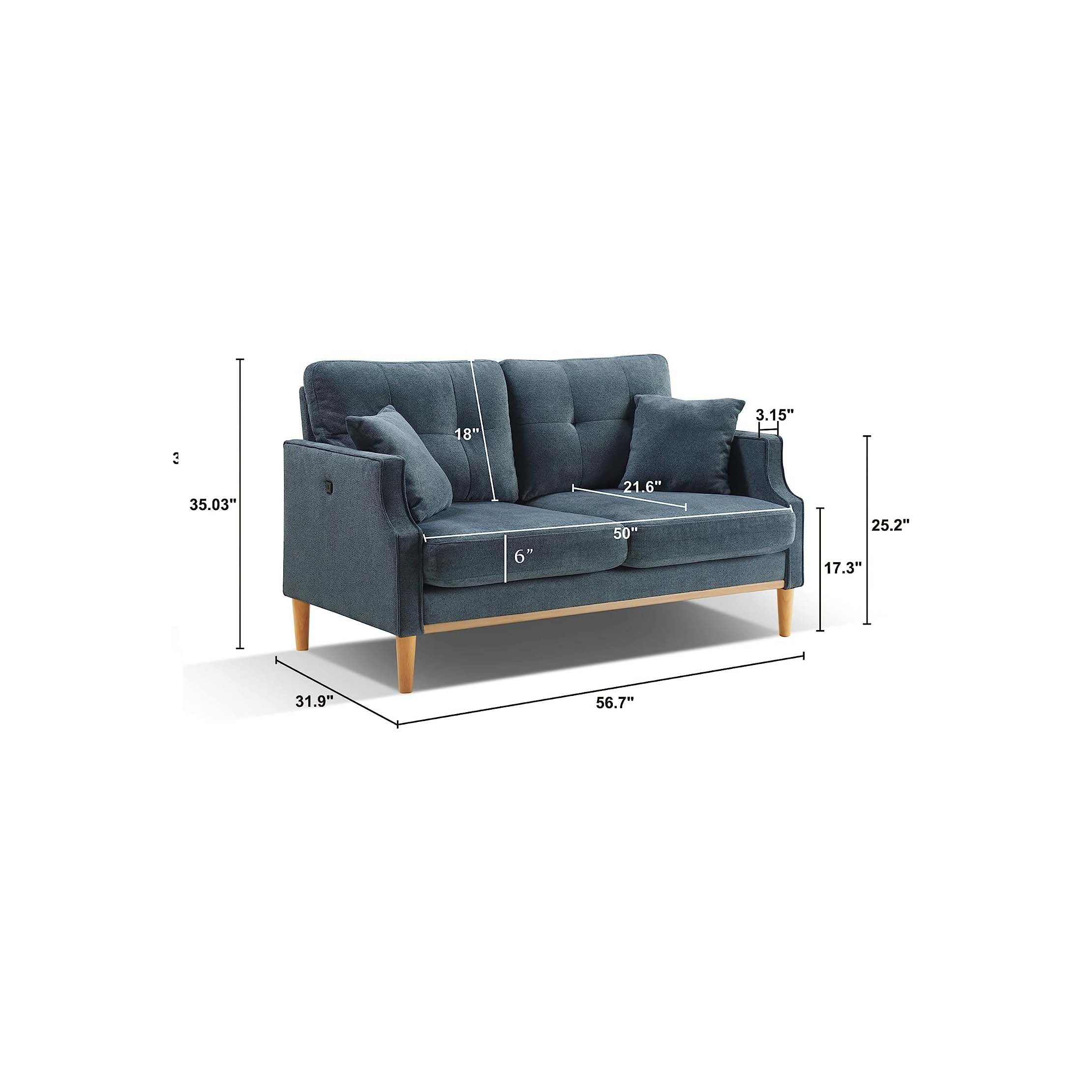 DEALTOPS Small Couch with 2 Pillows, 57'' Accent Loveseat Sofa, Comfy Blue Couch for Living Room, Bedroom
