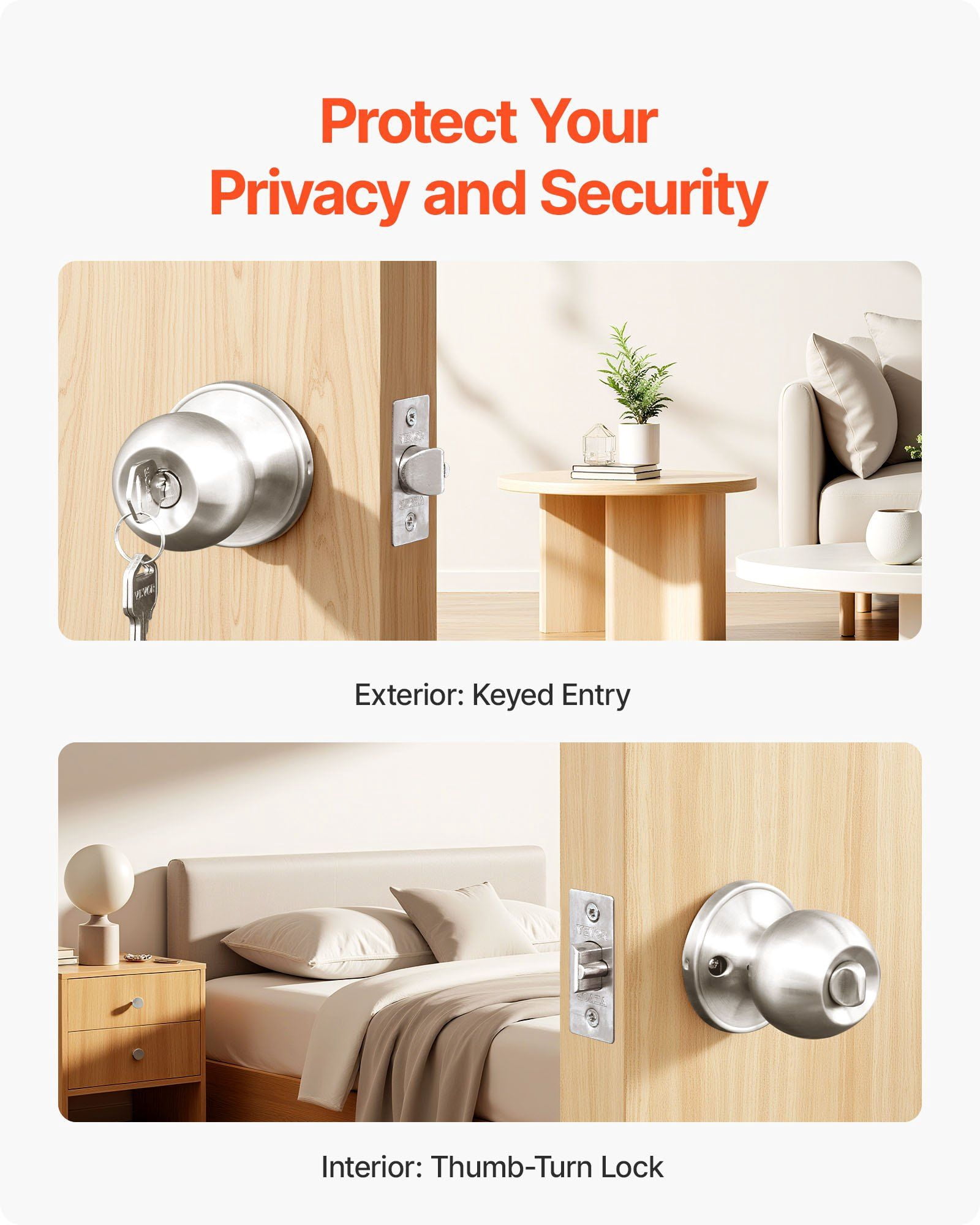 Keyed Entry Door Knob, Satin Nickel Round Ball Doorknob with Keyed Exterior and Thumb Turn Lock Interior, All Metal Hardware for Bedroom Bathroom