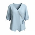 thumbnail image 4 of Tops for Women 3/4 Sleeve V Neck Women Fashionable Casual Solid Color Imitation Linen Blouse, 4 of 5