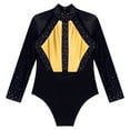 thumbnail image 3 of Alvivi Kids Girls Shiny Color Block Long Sleeve Gymnastic Ballet Dance Leotard Bodysuit Dancewear Gold 8, 3 of 5