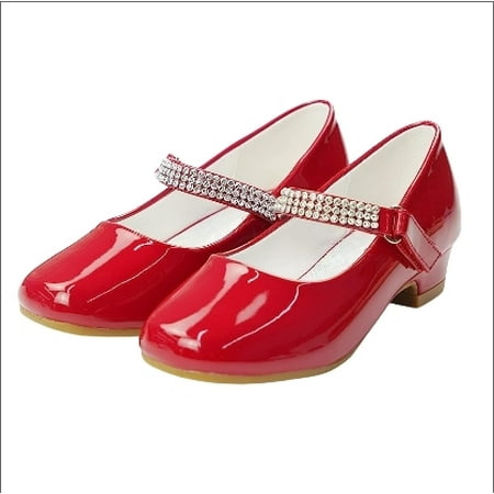 

Stelle Girls Mary Jane Shoes Low Heel Princess Wedding Flower Girl Dress Shoes Non-Slip Diamond Ankle Strap Party Flats for Kids Red